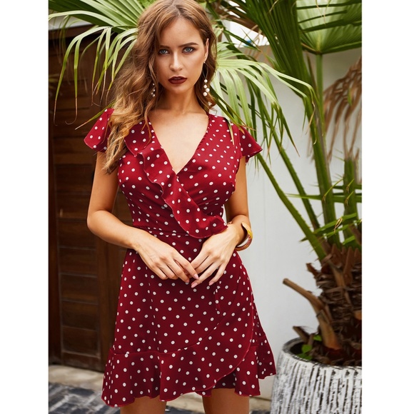 Polka Dot Ruffle Trim Wrap Burgundy Mini Dress - Picture 3 of 16